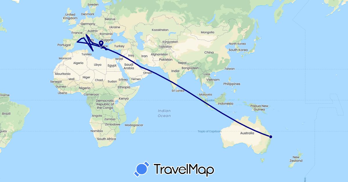 TravelMap itinerary: driving in Australia, Spain, France, Greece, Italy, Malta, Qatar (Asia, Europe, Oceania)